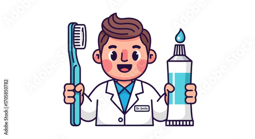 Cartoon Dentist Holding Toothbrush and Toothpaste Tube.