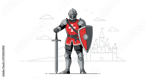 Brave Knight Stands Guard Against A Distant Castle Depicting Medieval Illustrations