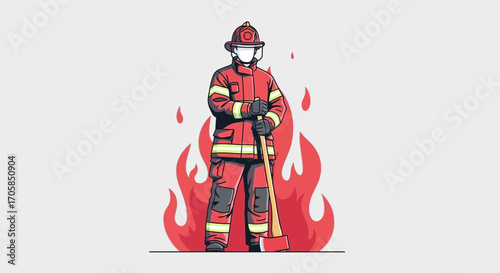 Brave Firefighter Standing Tall In Front Of Blazing Flames Ready To Combat Wildfire Danger