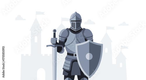 Brave Knight Standing Guard Before A Castle Ready For Combat And Adventure