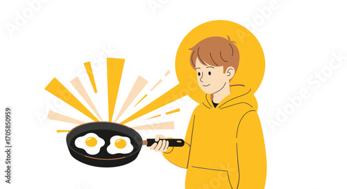 Breakfast Cook: Smiling Man Cooking Fried Eggs in Modern Illustrated Vector