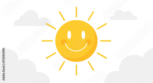 Bright Smiling Sun And Fluffy Clouds Illustration Against A White Background