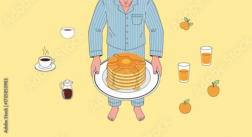 Breakfast In Pijamas, Holding Stack Of Pancakes And Preparing For Morning Joy
