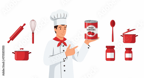 Cheerful Chef Demonstrating Tomato Products with Kitchen Utensils Illustration