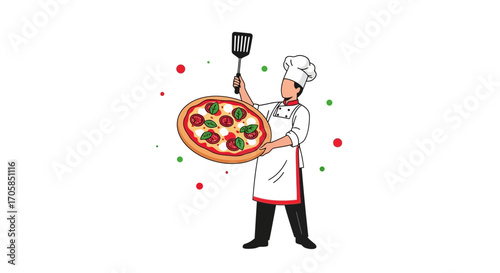 Cheerful Chef Displaying Delicious Pizza Pie Freshly Baked with Spatula in Hand
