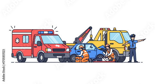 Road Accident Scene with Emergency Vehicles and First Responders.