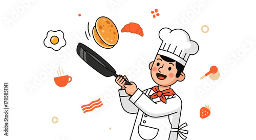 Cheerful Chef Flipping Pancakes and Presenting Delightful Breakfast Elements in Playful Style