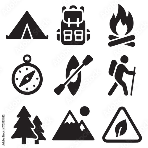 Camping, outdoor adventure icon set vector