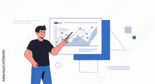 Business Analyst Presenting Analytics Chart, Illustrating Data Analysis and Reporting to Team