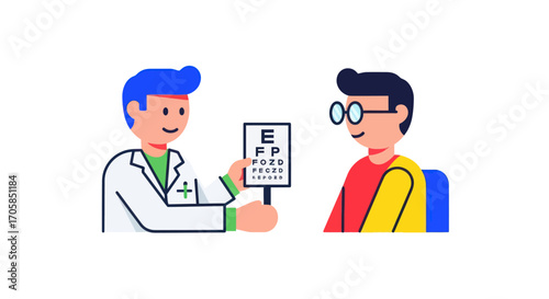 Cartoon illustration of an optometrist giving an eye exam to a patient using a Snellen chart.