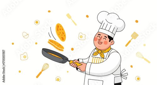 Cheerful Chef Flipping Pancakes, Joyfully Preparing Breakfast in Airy Kitchen Scene