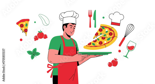 Cheerful Chef Presenting Sizzling Italian Pizza, Celebrating Culinary Artistic Flair