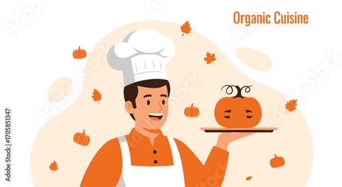 Cheerful Chef Showcasing Seasonal Pumpkin Creation For Delicious Organic Autumnal Cuisine