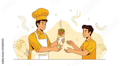Cheerful Chef Serving Fresh Shawarma Wrap to a Happy Customer, Fast Food Concept
