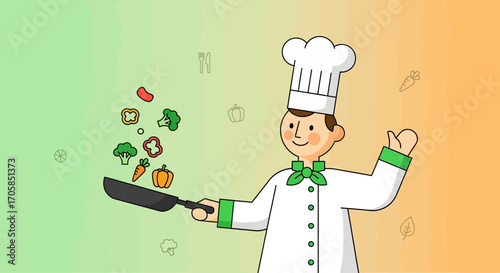 Cheerful Chef Skillfully Tossing Fresh Vegetables In A Frying Pan For Culinary Creation