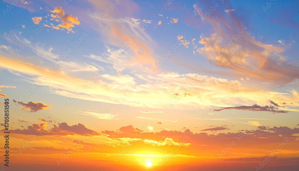 Fototapeta premium Dramatic Sunset with Blue Sky and Golden Clouds Over Horizon with Bright Sun Disk in Warm Light