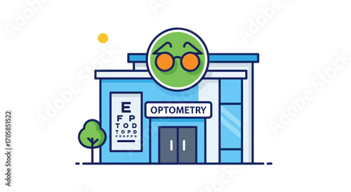 Modern Optometry Clinic Building with Eye Chart and Glasses Sign.