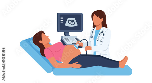Pregnant Woman Undergoing Ultrasound Scan with Doctor.