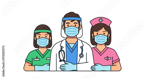 Healthcare Team: Doctor and Nurses Wearing Masks and Protective Gear.