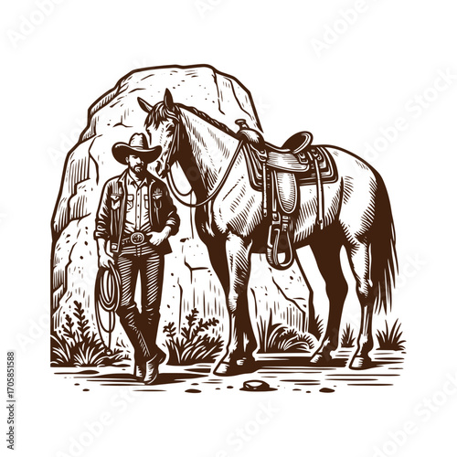 Classic Cowboy & Saddled Horse: Vintage Western Engraving Art
