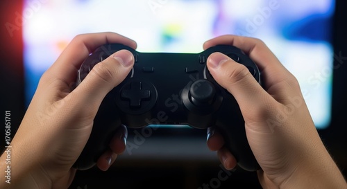 Hands holding gamepad, gaming concept displayed with black controller in male or female hands. Focus on hands engaged with gaming device, showcasing control and interaction.
