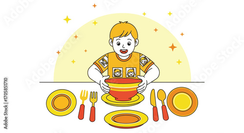 Cheerful Child Preparing Table For Meal With Dishes, Plates, And Cutlery For Dining