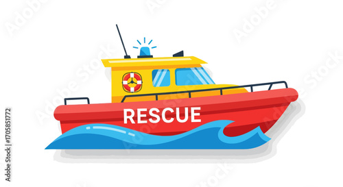 Cartoon Illustration of a Red and Yellow Rescue Boat.
