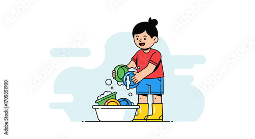 Cheerful Child Washing Dishes, Illustrating Home Chores, Helping With Domestic Duties Effortlessly