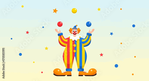 Cheerful Clown Juggling Bright Objects Amongst Colorful Stars and Festive Dots