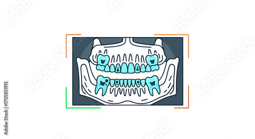 Stylized Panoramic Dental X-ray of Human Jaw and Teeth.