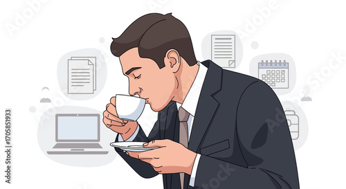 Businessman Enjoying A Refreshing Coffee Break, Amidst Work And Schedules