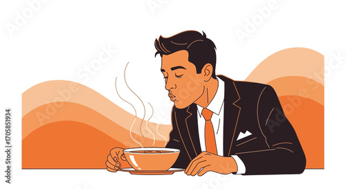 Businessman Enjoying Freshly Brewed Beverage In Corporate Attire, Blowing To Cool It Down