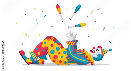 Cheerful Clown Lying On Ground Juggling Clubs With Confetti Falling Festival Theme