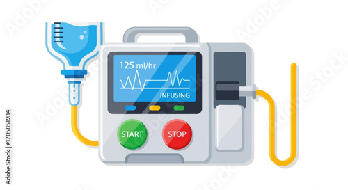 Medical Infusion Pump with IV Bag and Digital Screen Illustration.