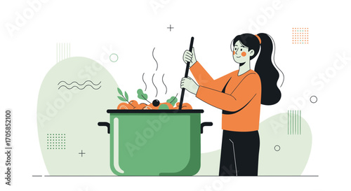Cheerful Cook Stirring Aromatic Stew in a Vibrant Kitchen Illustration