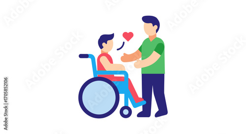 Man comforting a boy in a wheelchair with hearts showing support and care.