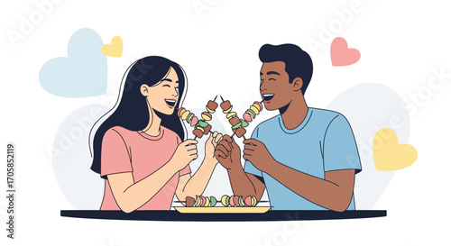 Cheerful Couple Sharing Food and Happiness During a Romantic Celebration