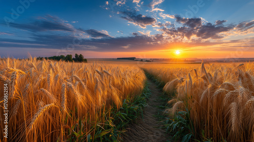 Panoramic view of golden wheat fields at sunset in autumn  