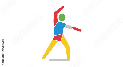 A vibrant multicolored abstract human figure in a dynamic celebratory pose.