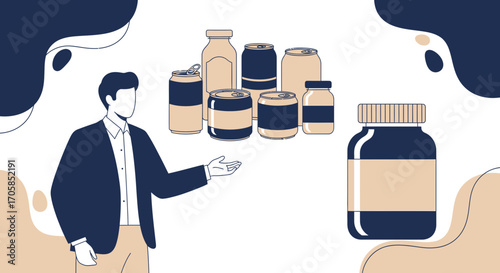 Businessman Presenting Beverages And Medicine Containers, Illustration Design for Advertising