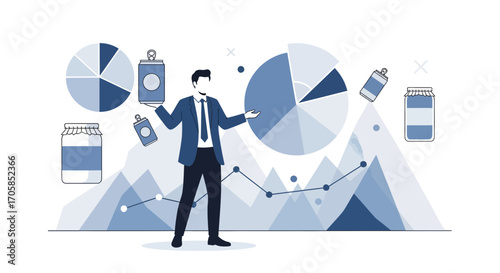 Businessman Presenting Sales Charts and Data Analysis with Product Packaging Illustrations