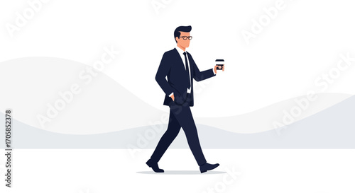 Businessman Strolling With Coffee In Hand Depicted in Professional Cartoon Illustration