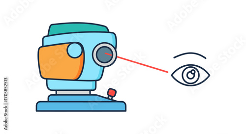 Medical Ophthalmic Device Examining Human Eye With Red Laser Beam.