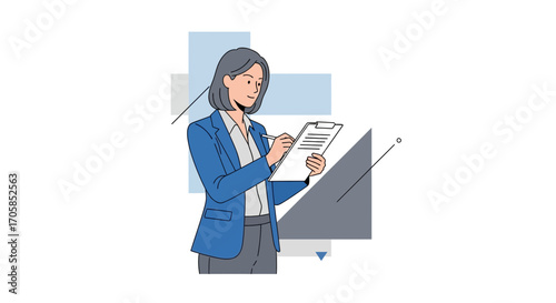 Businesswoman Carefully Documents Information With Pen And Paper On A Clipboard