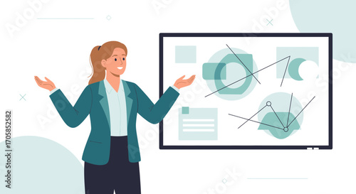 Businesswoman Conducting Presentation On A Modern Display With Geometric Abstract Illustrations