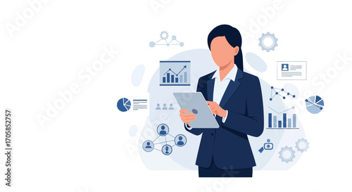 Businesswoman Manipulating Digital Assets With Tablet, Showcasing Data Analysis and Solutions