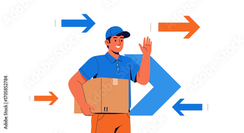 Cheerful Delivery Person Waving With Package, Shipping Process, And Arrow Symbols Illustration