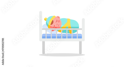 Adorable cartoon baby sleeping peacefully in a white crib with blue bedding.