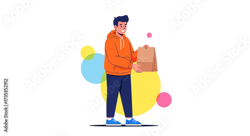 Cheerful Delivery Service Representative Holding Bag Representing Fast Food or Restaurant