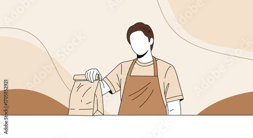 Cafeteria Worker Holding Takeaway Bag Illustration Depicting Food Service And Delivery